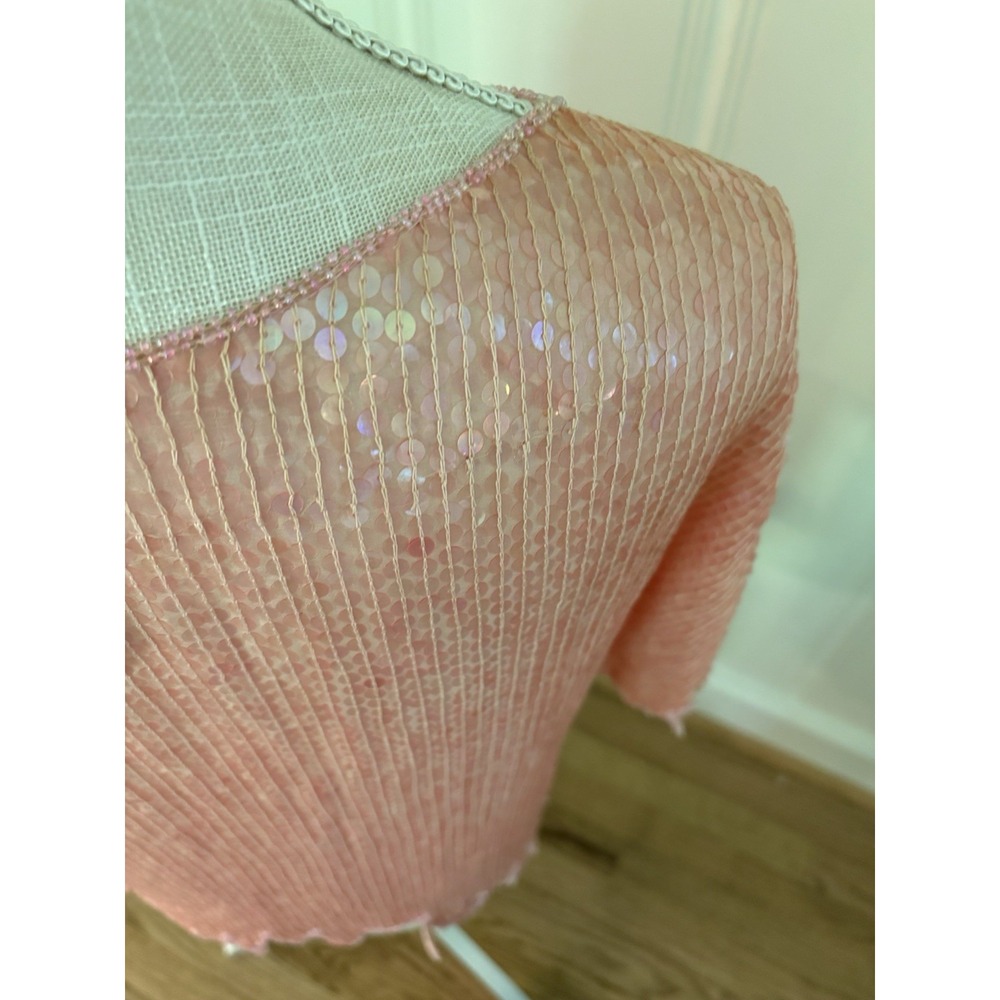 Vintage Pink Beaded Sequin Blouse Faux Pearl Evening Top Scalloped Hem - Picture 16 of 16